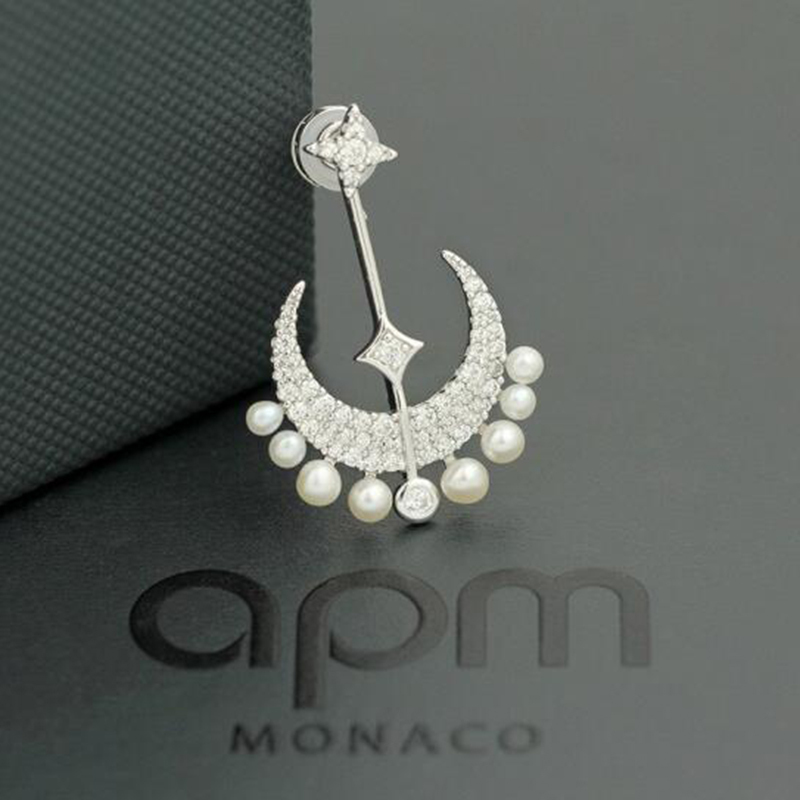 apmmonaco月亮珍珠耳坠气质时尚长款耳钉送女友礼物耳环欧美潮流银