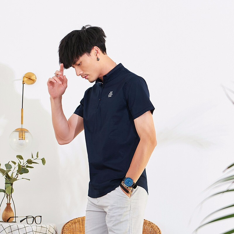 潮流前线夏季男款潮流纯色短袖校园休闲时尚小方领棉质短袖衬衫