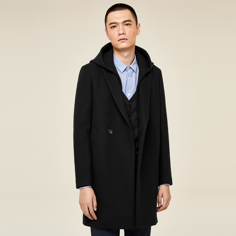 gxg男装冬季男士韩版时尚休闲连帽黑色长款大衣男_1