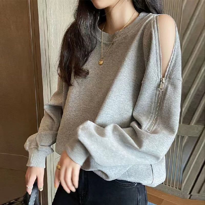 秋冬季长袖露肩拉链卫衣女宽松韩版圆领薄款T恤女士外套上衣女装图片