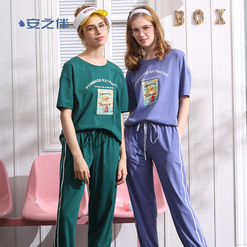 纯棉弹力针织素色插色织条短袖女套装