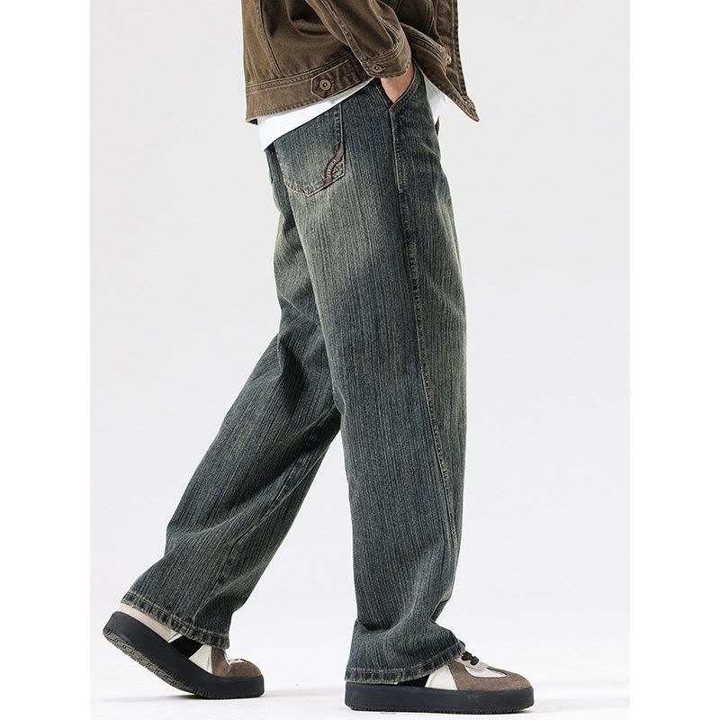 欧货牛仔裤男新款面料美式石墨做旧染色重工洗水大直筒裤男款图片