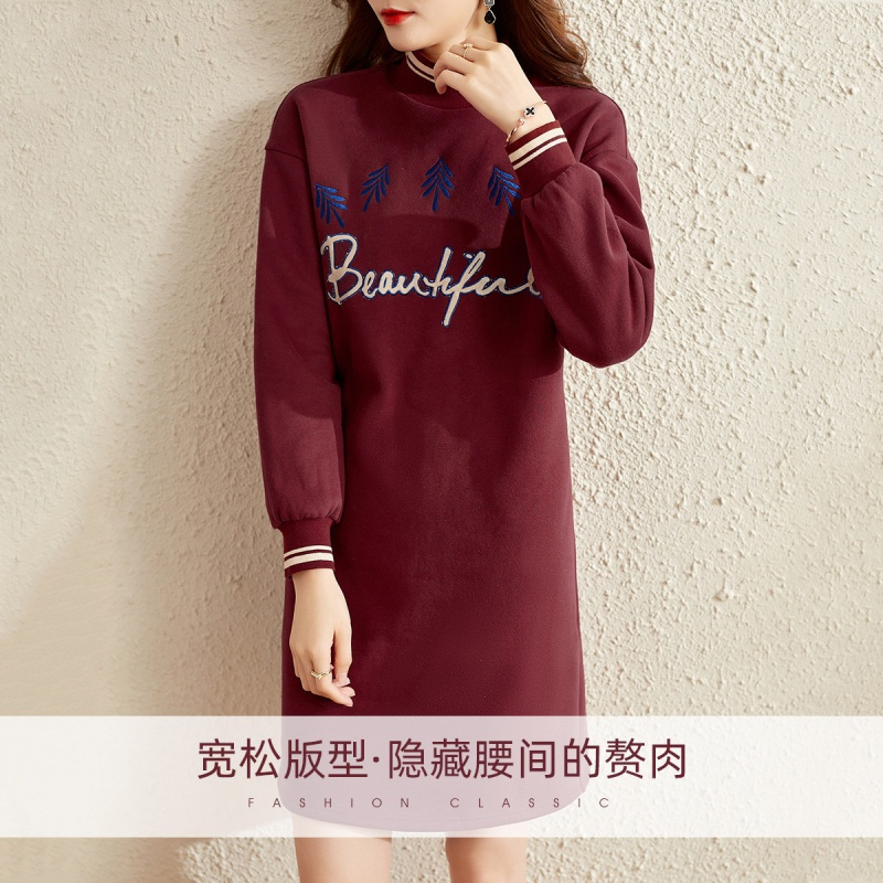 OUNIXUE欧昵雪 | [时尚加绒卫衣裙]秋冬季半高领字母绣花中裙宽松连衣裙女