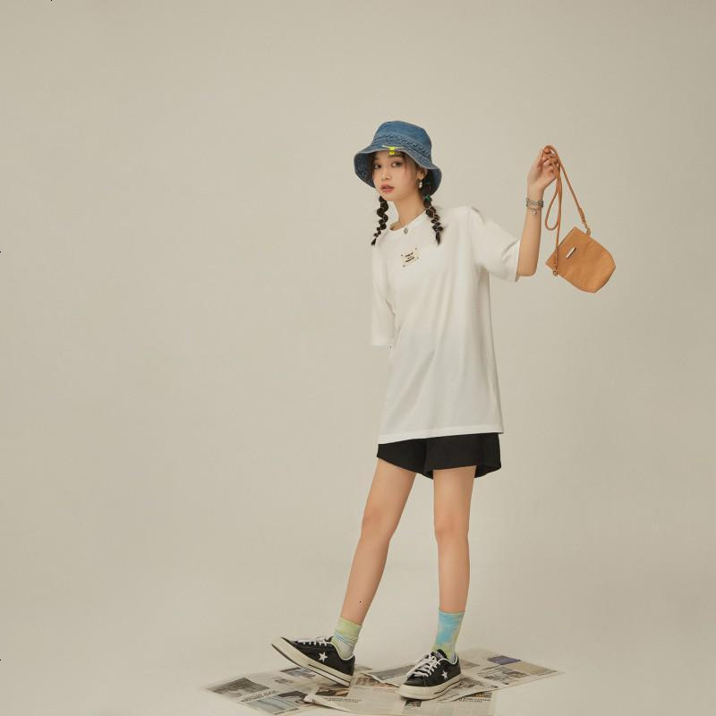 OtherMix白色贴布T恤2021年夏季新款欧美简约风中长款短袖女上衣