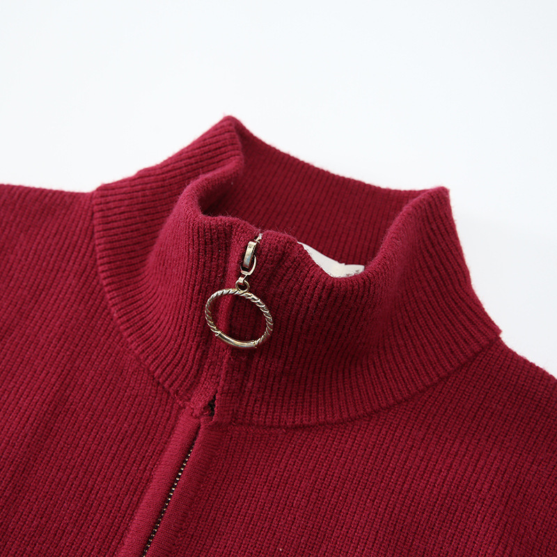 红色撞色立领开衫毛衣外套女2023年秋装新款条纹长袖针织衫sw3429