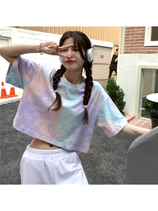 扎染短款短袖韩版宽松露脐T恤设计感小个子女夏新款辣妹上衣ins潮