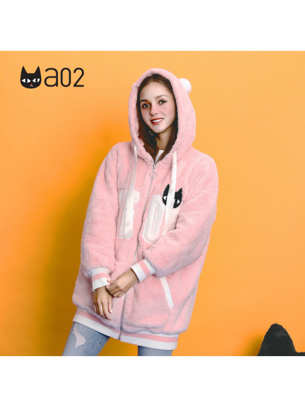 a02新款甜美少女字母刺绣秋冬毛绒可爱连帽外套女DTU6C0701JK