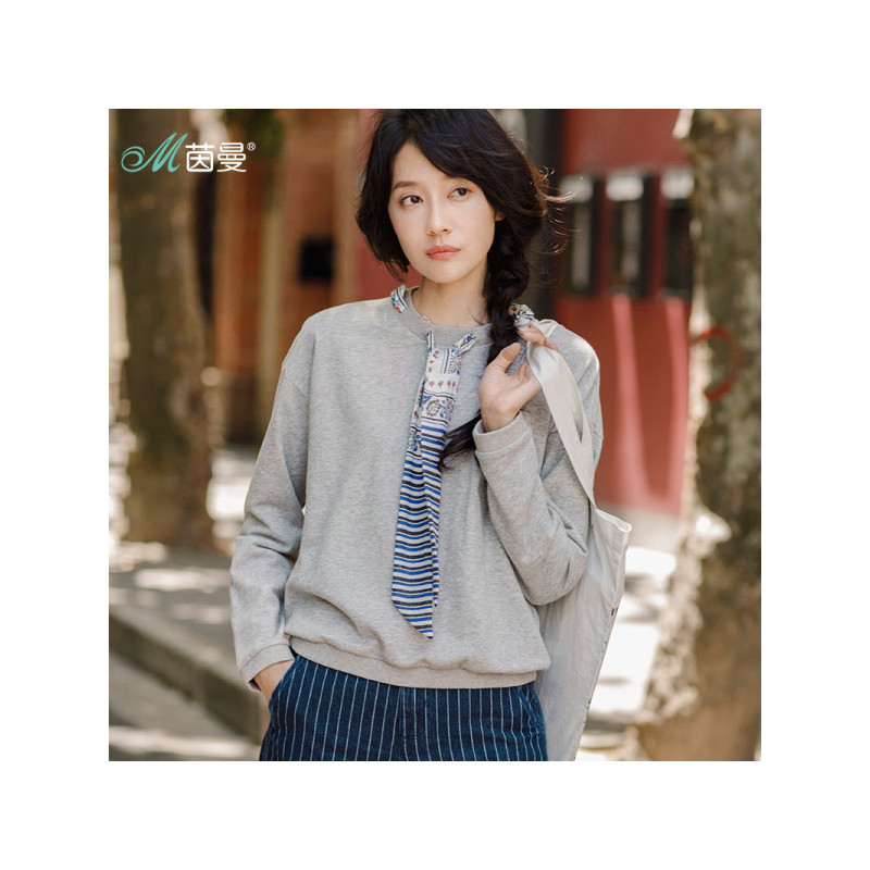 茵曼秋装新款圆领落肩长袖套头卫衣女宽松打底上衣
