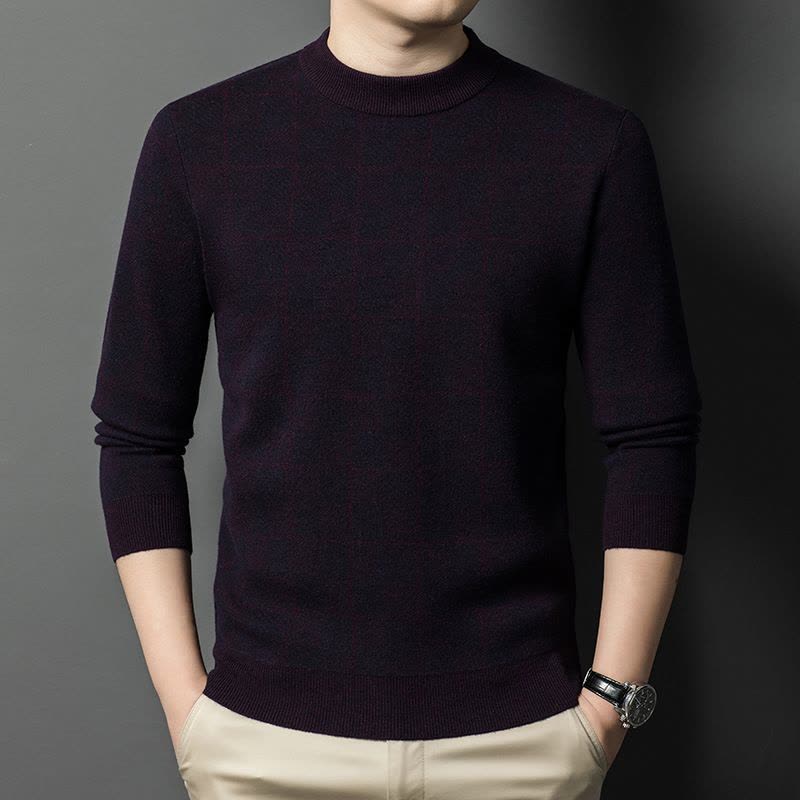 100%绵羊毛衫方格花纹保暖提花加厚打底针织衫濮院工厂纯羊毛衫图片