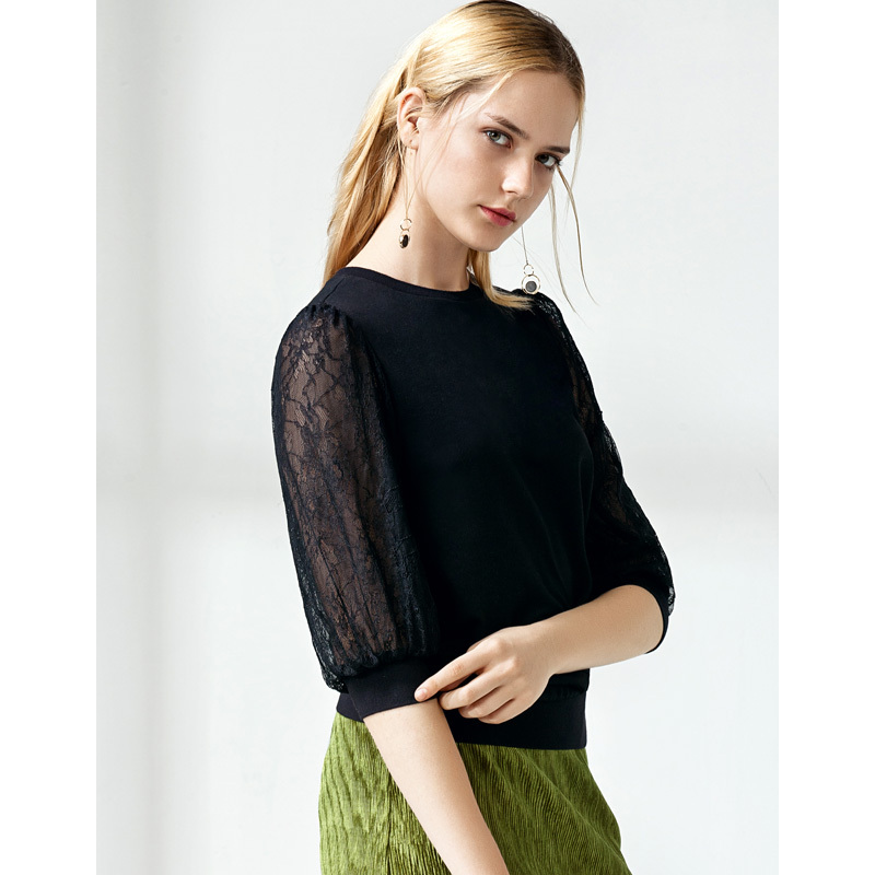 moonbasa梦芭莎双层蕾丝透纱灯笼袖针织套头卫衣
