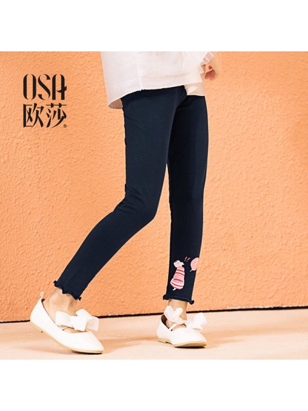 OSA童装2018女童秋装新款时尚印花打底裤中大童棉质修身裤子 宝蓝色 110cm