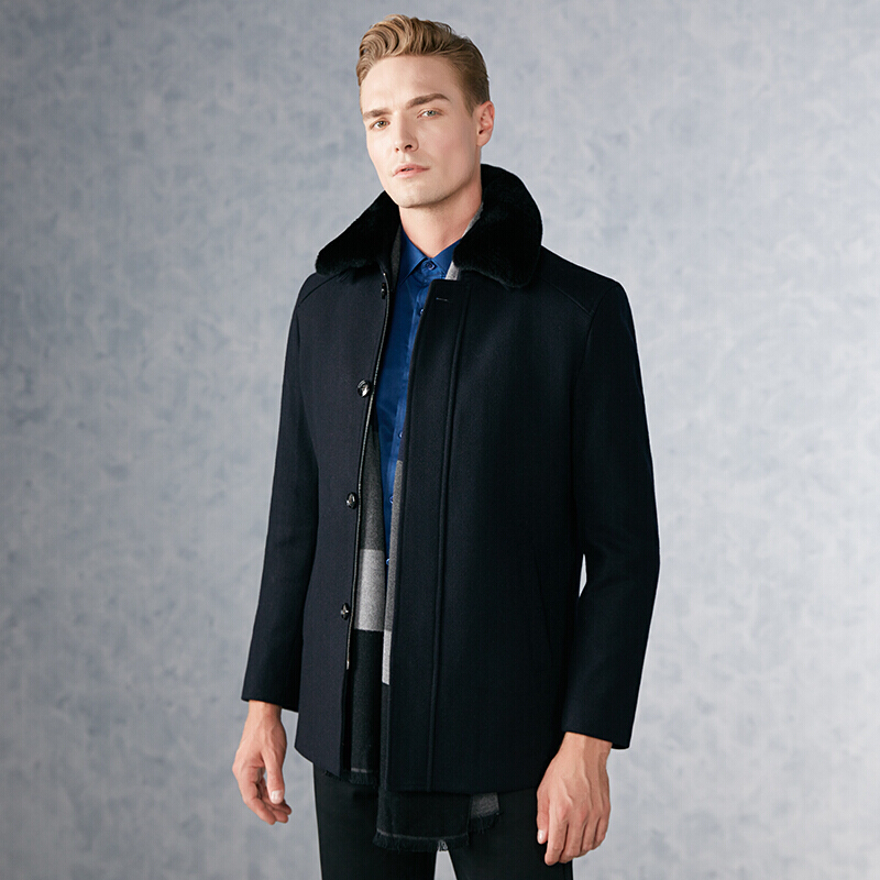 firs杉杉毛呢大衣男秋冬季商务休闲翻领毛呢大衣男士韩版可脱卸毛领