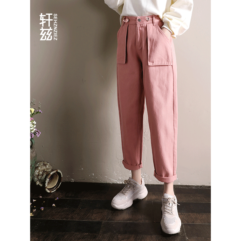 轩兹chic直筒牛仔裤女2019春季新款韩版宽松工装裤高腰显瘦女休闲九分裤