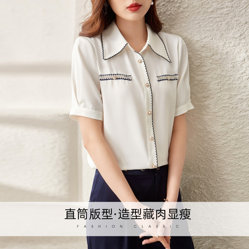 OUNIXUE欧昵雪 | [职场风直筒衬衫]夏季时尚波边翻领上衣小众织带拼接短袖女