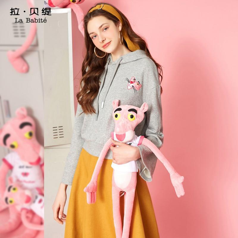 【热卖】拉夏贝尔拉贝缇粉红豹韩版潮学生宽松bf风喇叭袖套头帽衫连帽卫衣60300263