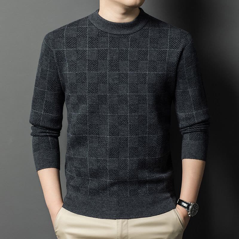 100%绵羊毛衫方格花纹保暖提花加厚打底针织衫濮院工厂纯羊毛衫图片