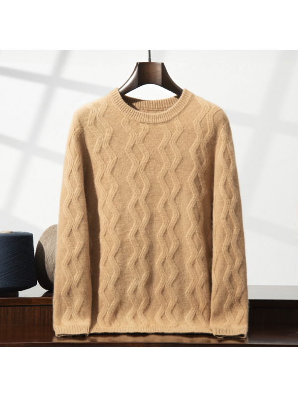 五针三股重磅加厚山羊绒衫男士圆领波浪扭花山羊绒商务休闲毛衣男