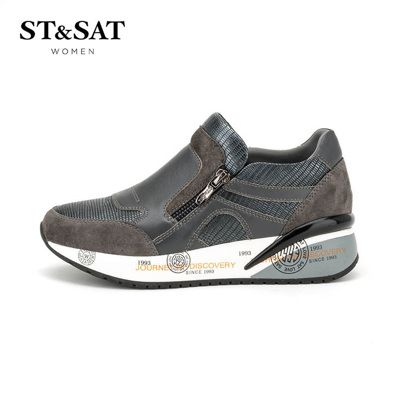 星期六/ST&SAT 牛皮/绒面羊皮革圆头中跟拉链拼色单鞋SS63112266