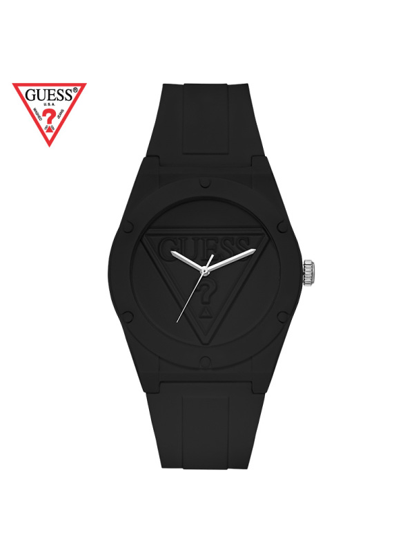 guess倒三角logo浮雕黑色石英硅胶腕表w0979l2
