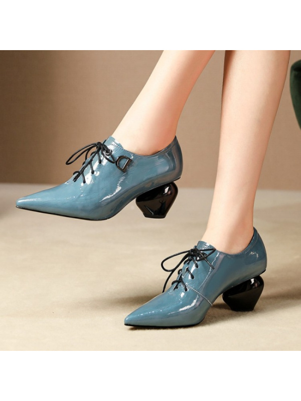 格瑞迪欧 头层牛皮2019新款系带粗跟单鞋中跟尖头百搭女鞋真皮休闲高跟鞋106-4