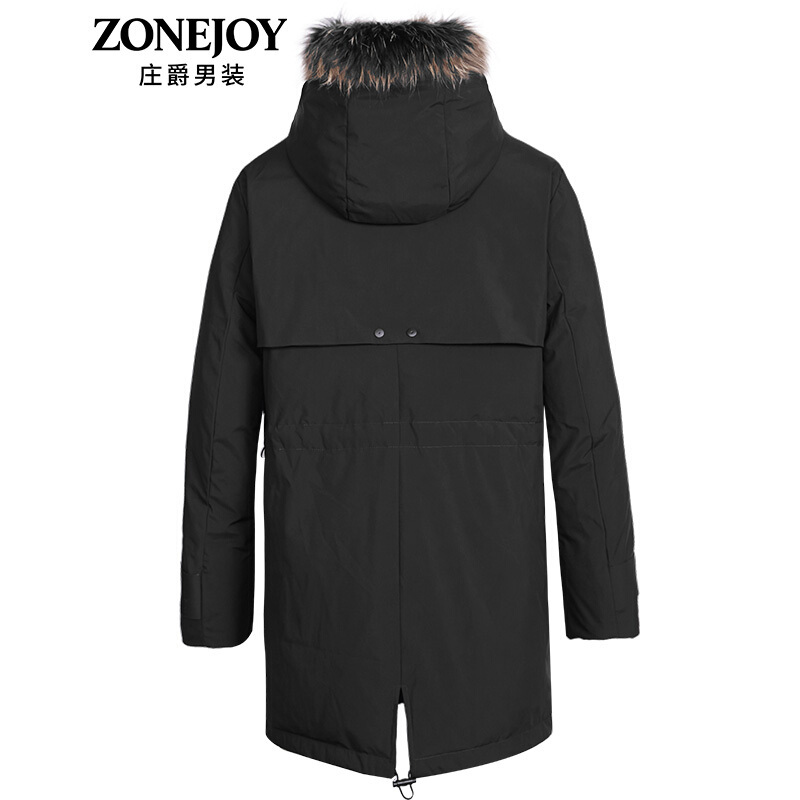 庄爵羽绒服男2018冬季中长款毛领商务休闲加厚防寒服男士外套黑色