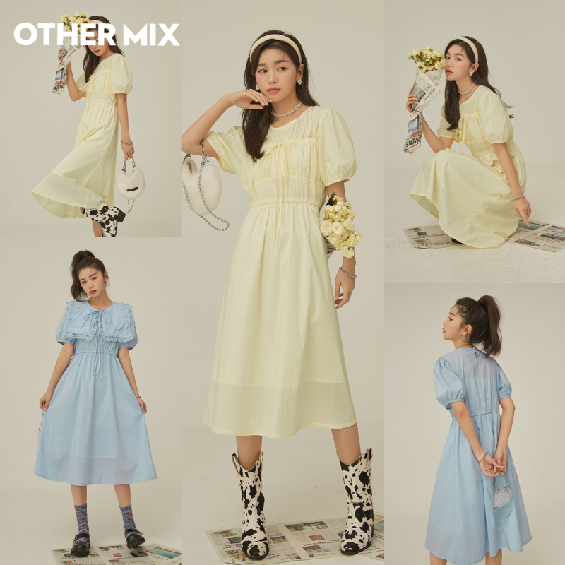 OtherMix褶皱蝴蝶结连衣裙2021年早秋新款纯色收腰泡泡短袖裙子女
