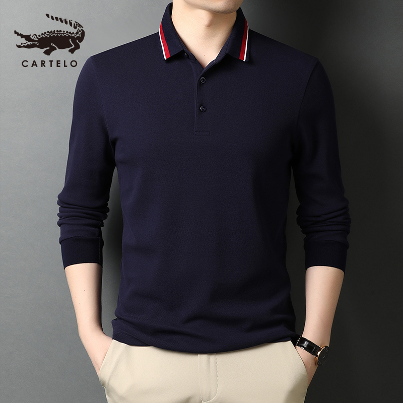 卡帝乐鳄鱼(CARTELO)纯棉POLO衫新款男士长袖T恤翻领商务休闲体恤上衣