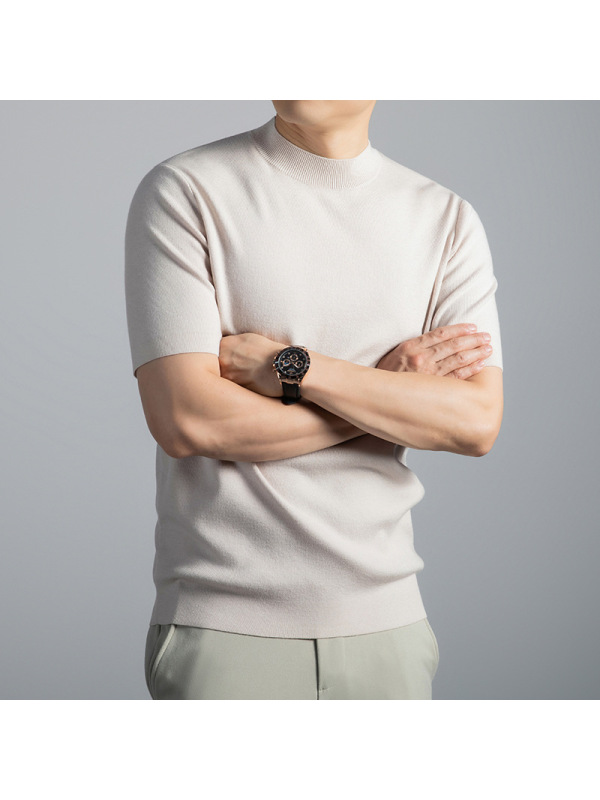 16针莱赛尔可机洗羊毛衫男秋冬新款半高领打底短袖毛衣男