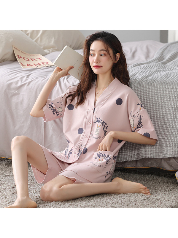 睡衣女士夏季棉质短袖开衫和服新款韩版大码宽松可外穿家居服套装