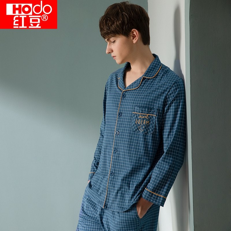 红豆(HODO)春夏男士长袖睡衣套装全棉翻领开衫可外穿家居服