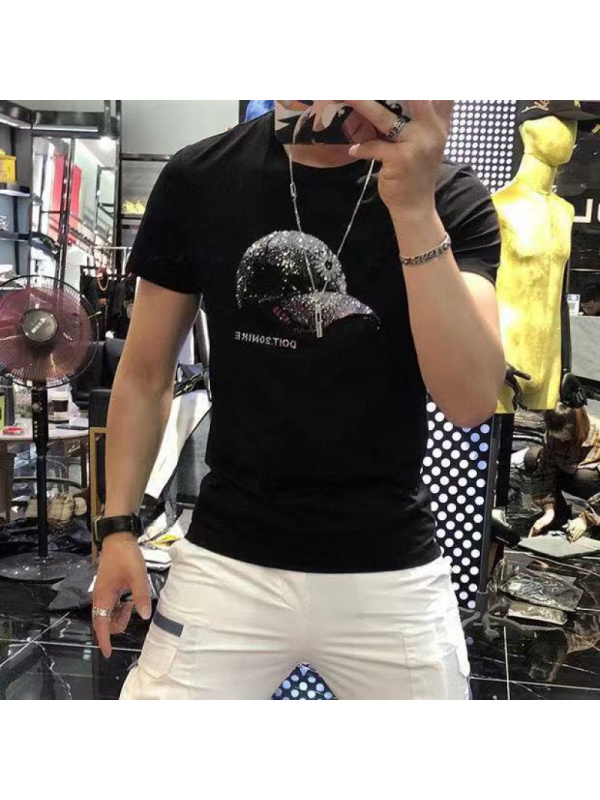 Ceen Bulled2022夏季新款欧洲站潮牌重工帽子烫钻短袖网红ins男士个性潮流T恤