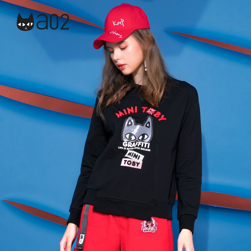 a02新款时尚不规则拼接字母飘带卡通印花潮卫衣女DTU5AA051KT