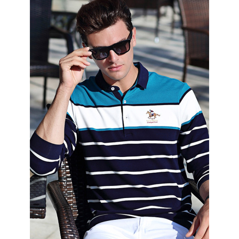 传奇保罗条纹polo衫男长袖中年男士翻领t恤春季保罗衫潮流男装618816