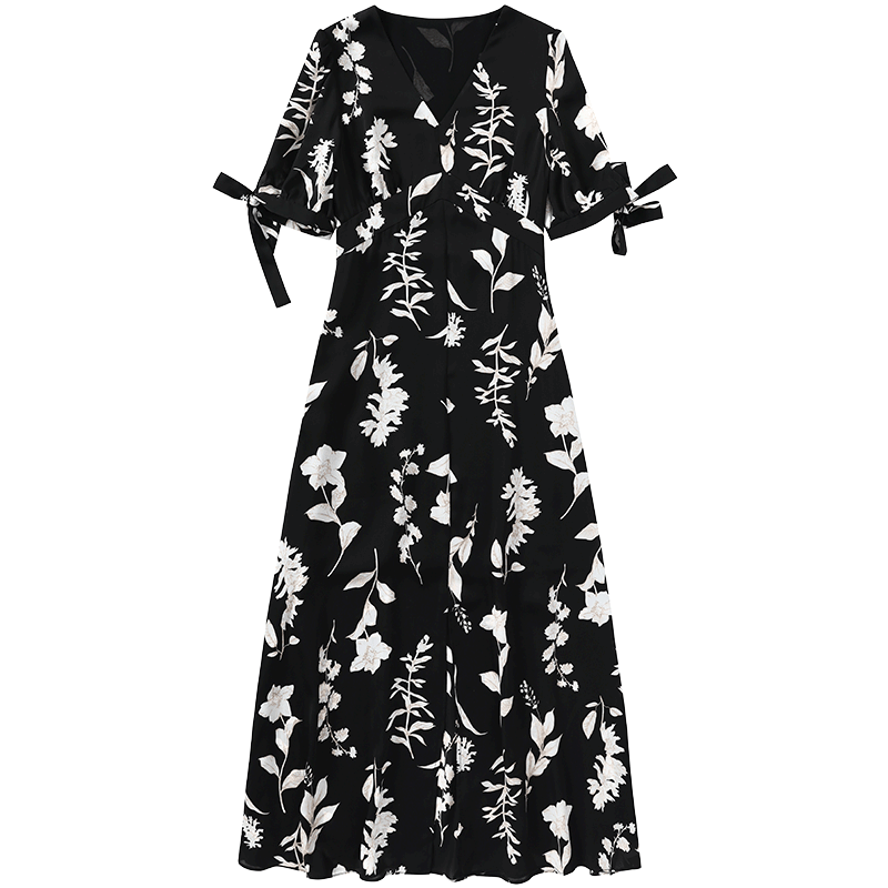 马克华菲女装气质连衣裙女神范2020新款夏季复古开叉印花长裙