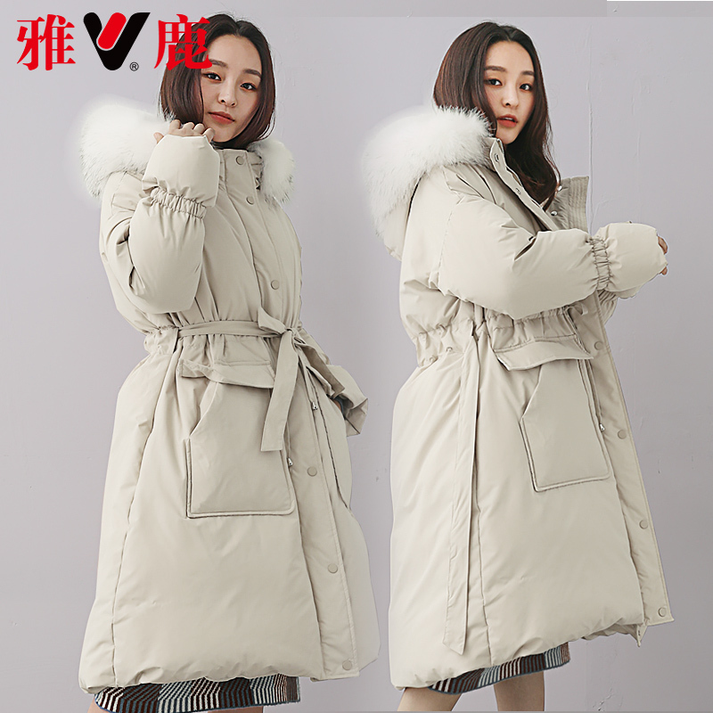 yaloo/雅鹿2019冬装中长款宽松直筒加厚韩版连帽带毛领羽绒服女潮