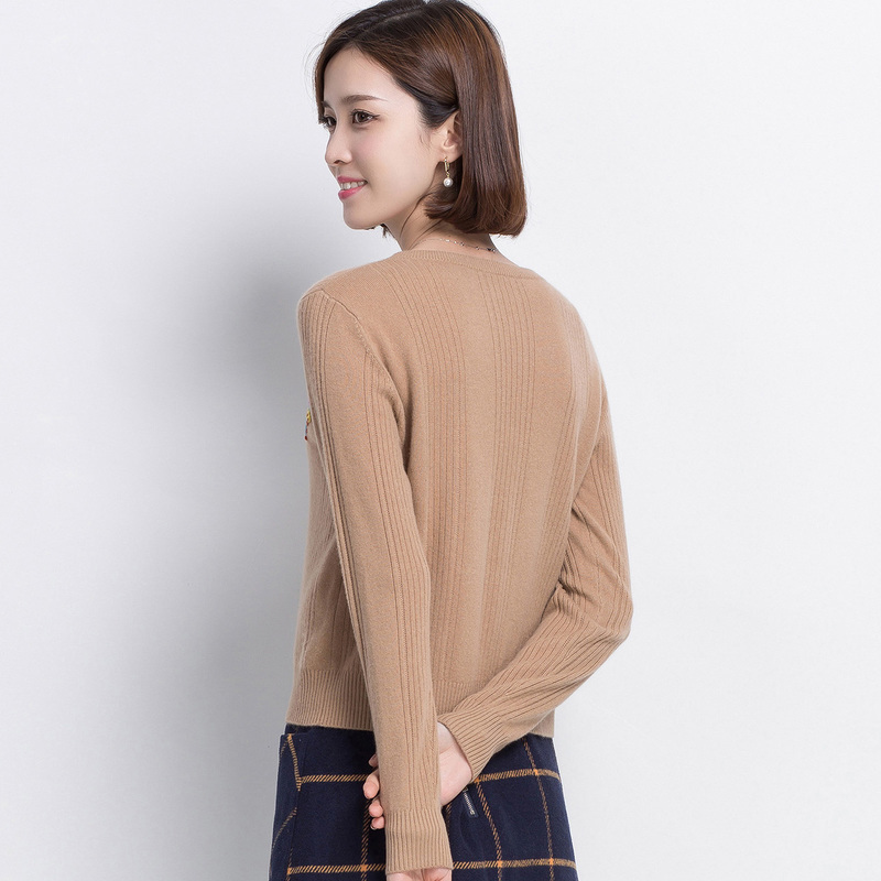 恒源祥纯羊绒开衫女秋冬新款外搭针织衫圆领羊绒衫单排扣毛衣外套