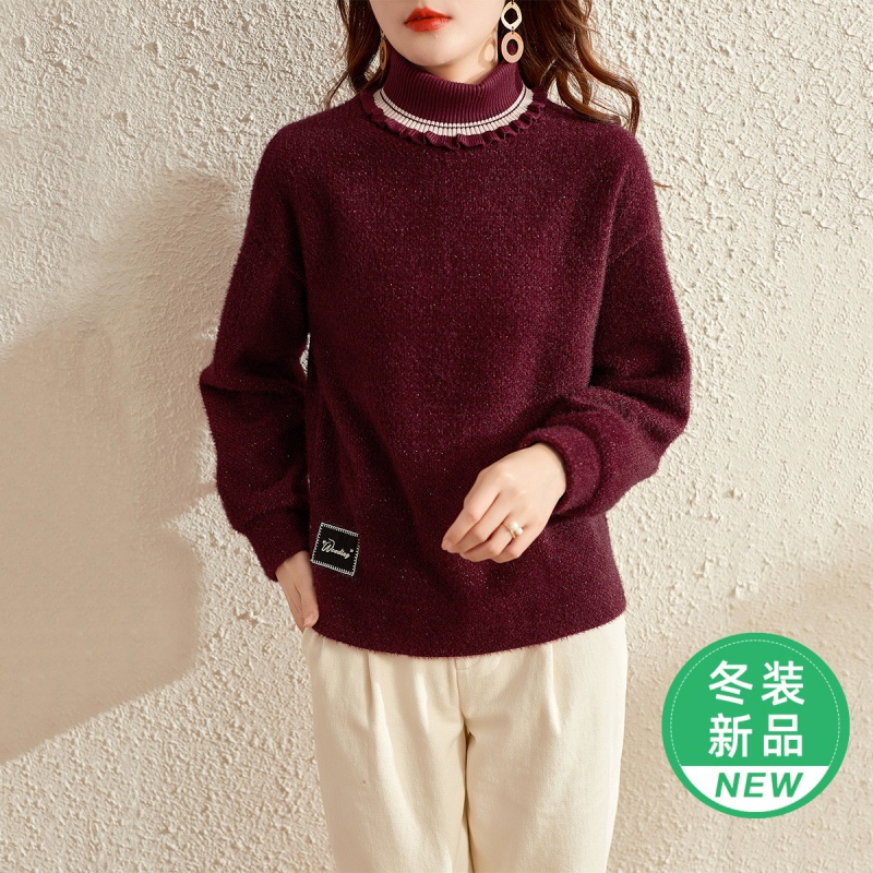 OUNIXUE欧昵雪 | [复古雪貂绒显瘦上衣]秋冬季减龄荷叶褶半高领套头卫衣女