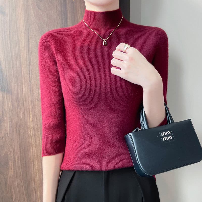 早春新款半高领针织衫短袖女宽松套头内搭毛衣抽条显瘦打底衫图片