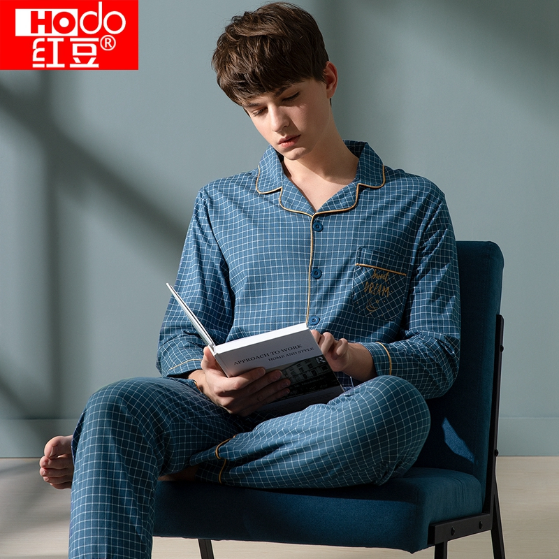 红豆(HODO)春夏男士长袖睡衣套装全棉翻领开衫可外穿家居服