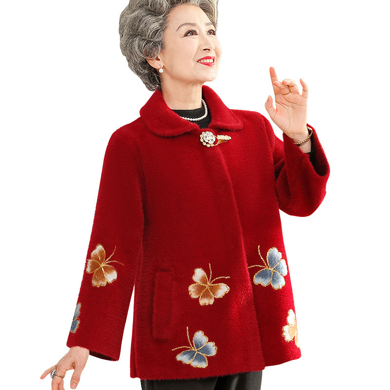 家喜庆婆婆装宽松大码仿水貂绒女装老年人服装70岁翻领奶奶装