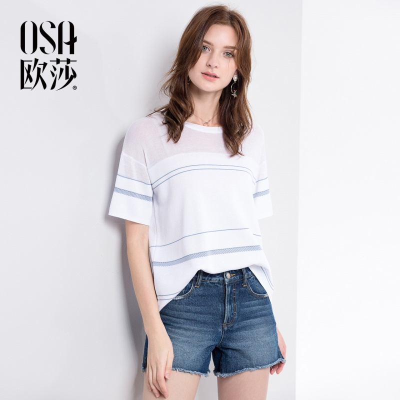 OSA2018夏装女装条纹短袖针织衫薄款上衣宽松T恤韩范chic罩衫