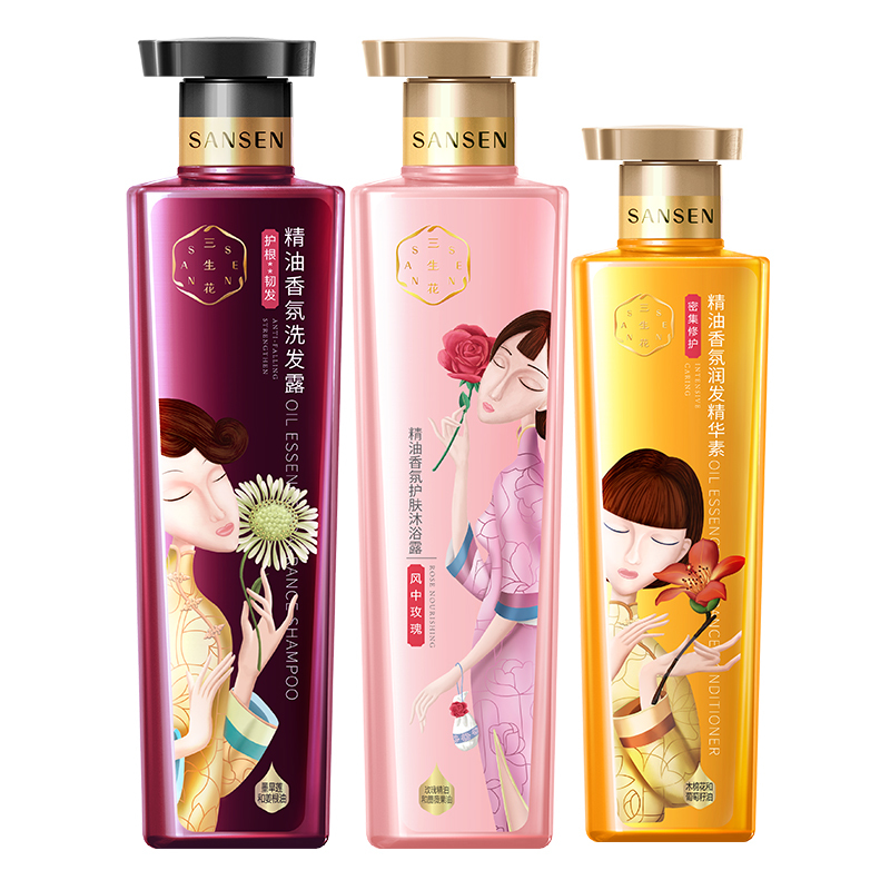 百雀羚三生花洗发水精油香氛护根韧发洗发800ml+玫瑰沐浴800ml+护发素500ml男女通用