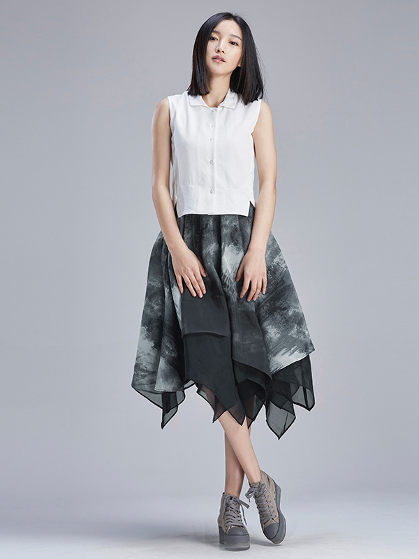 sdeer圣迪奥女装夏写意水墨印花半开襟连衣裙【价格 图片 品牌 报价】