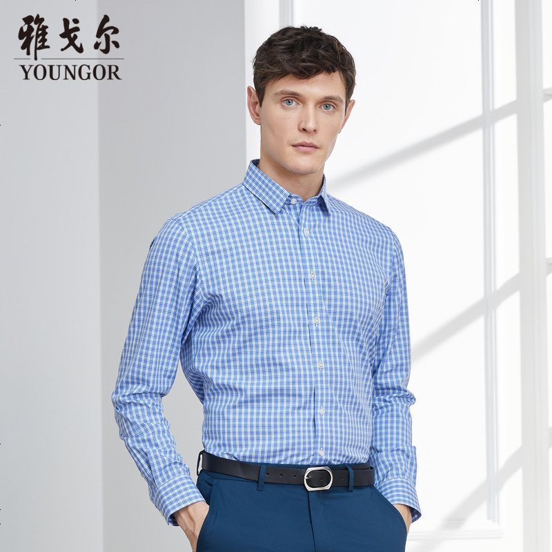 Youngor/雅戈尔秋季新品男士商务正装蓝色DP免烫长袖衬衫129HFY