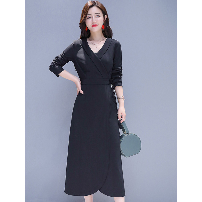 丝柏舍2019流行新款女装秋简约纯色V领长袖中长款连衣裙S93R4881L