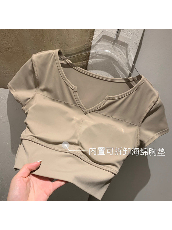夏季ins潮奶茶色短款露脐健身运动T恤带胸垫瑜伽短袖上衣修身短袖