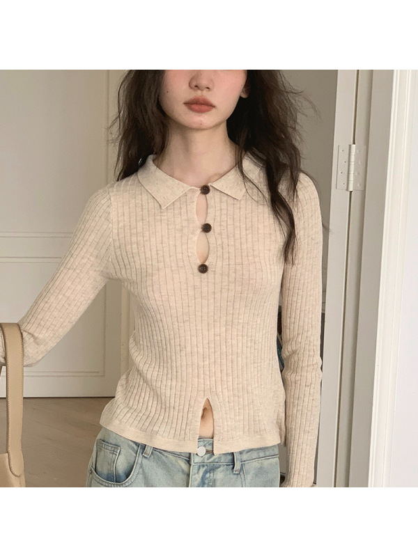 韩版镂空襟辣妹T恤女春秋季新款纯色设计感小众修身长袖上衣潮