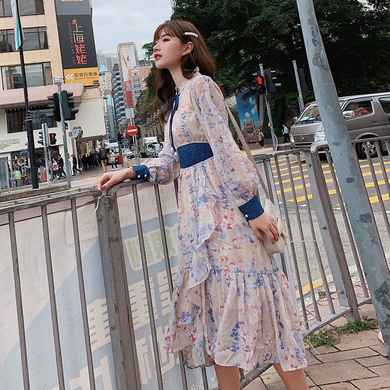 【COMEACROSS】2019年春季时尚潮流舒适简约个性拼色长袖中长款连衣裙图片