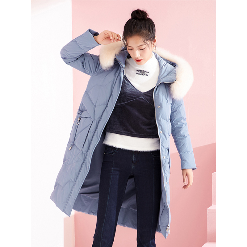 千仞岗 大毛领羽绒服女长款过膝韩版连帽加厚冬羽绒外套 239711
