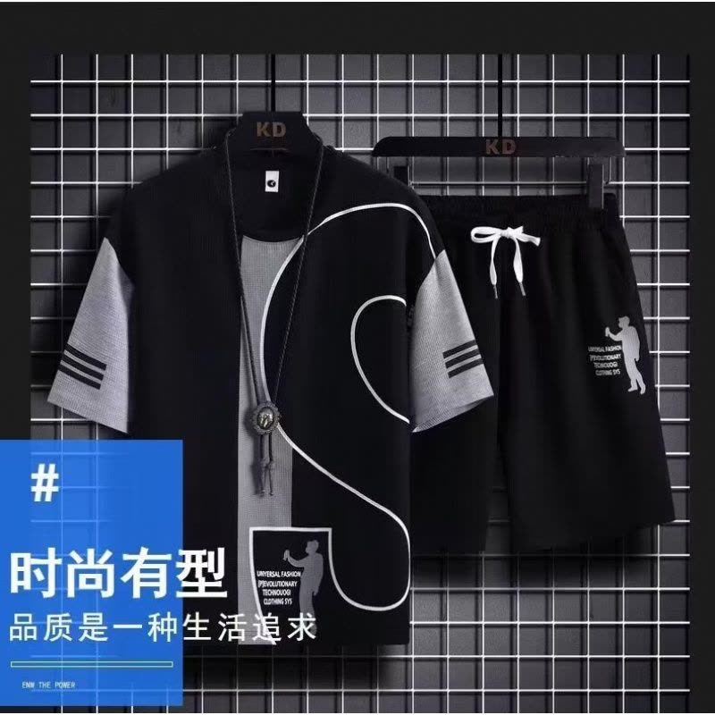 华夫格短袖T恤男士薄款夏季高级感时尚潮流运动休闲套装图片